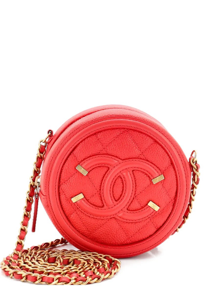  Chanel Pre-owned Filigree Round Clutch With Chain Quilted Caviar Mini Crossbody Bag - Red 