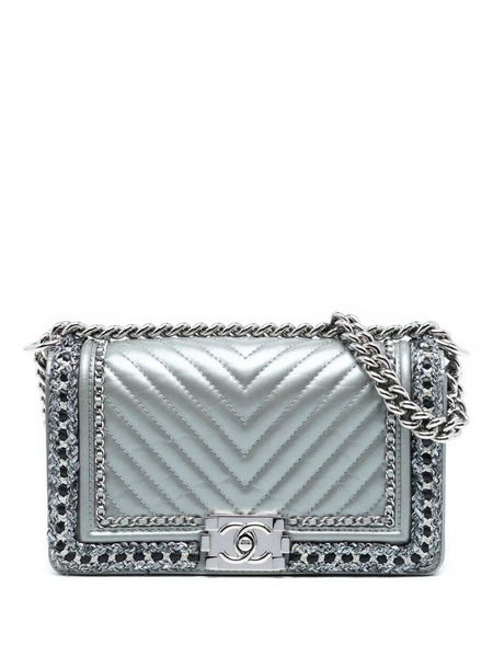  Chanel Pre-owned 2017-2018 Old Medium Chevron Lambskin And Braided Tweed Jacket Boy Flap Shoulder Bag - Silver 