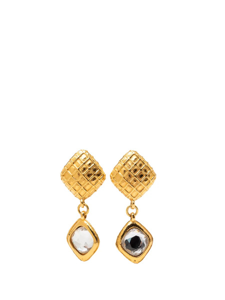  Chanel Pre-owned 1970-1980 Quilted Gold Plated Rhinestone Diamond Shape Drop Clip On Earrings Costume Earrings 