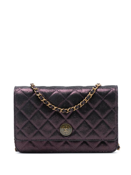  Chanel Pre-owned 2013-2014 Quilted Iridescent Lambskin Tartan Button Wallet On Chain Crossbody Bag - Purple 