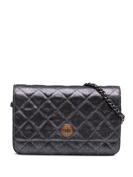  Chanel Pre-owned 2013-2014 Quilted Iridescent Lambskin Tartan Button Wallet On Chain Crossbody Bag - Silver 
