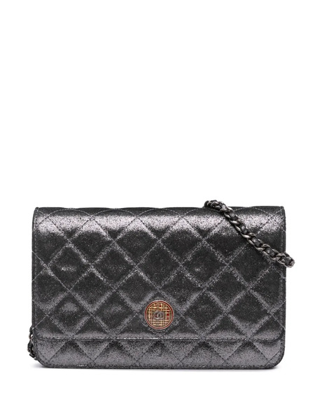  Chanel Pre-owned 2013-2014 Quilted Iridescent Lambskin Tartan Button Wallet On Chain Crossbody Bag - Silver 