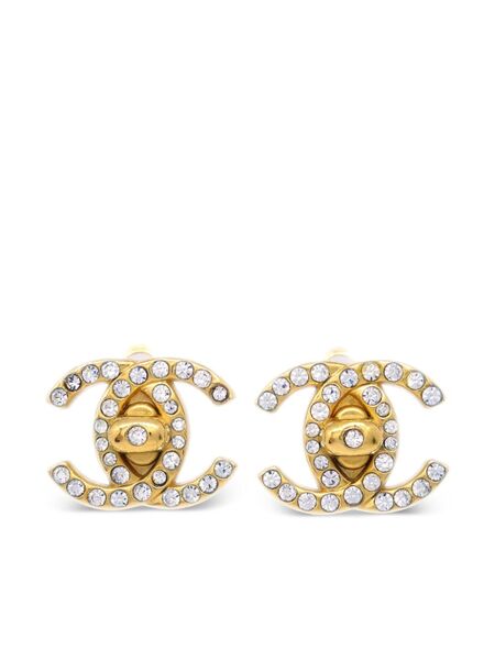  Chanel Pre-owned 1996 Rhinestone-embellished Cc Turn-lock Clip-on Earrings - Gold 