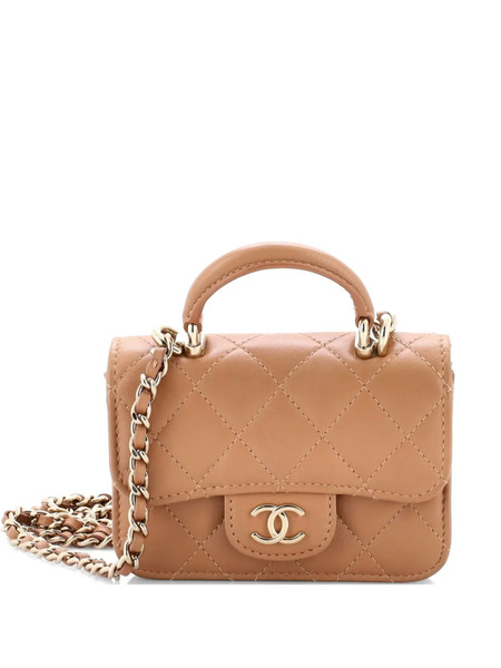  Chanel Pre-owned Top Handle Flap Coin Purse With Chain Quilted Lambskin Crossbody Bag - Neutrals 