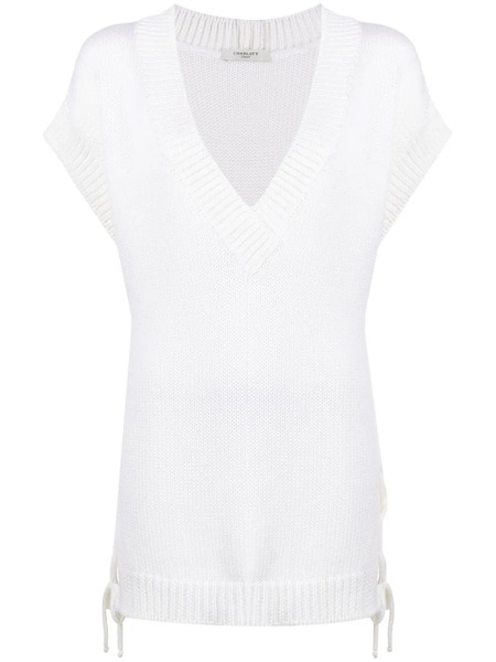  Charlott Ribbed-knit V-neck Top - White 