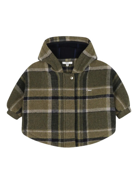  Chloé Kids Checked Hooded Coat - Green 