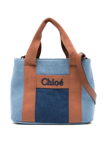  Chloé Kids Embroidered-logo Denim Tote Bag - Blue 