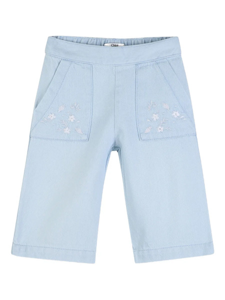  Chloé Kids Floral-embroidered Denim Trousers - Blue 