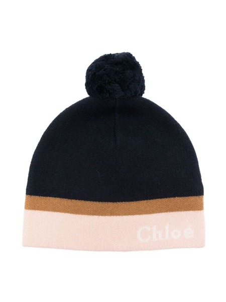  Chloé Kids Intarsia-knit Logo Beanie Hat - Blue 