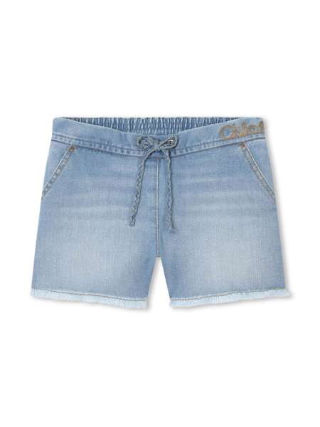  Chloé Kids Logo-embroidered Fringed Denim Shorts - Blue 