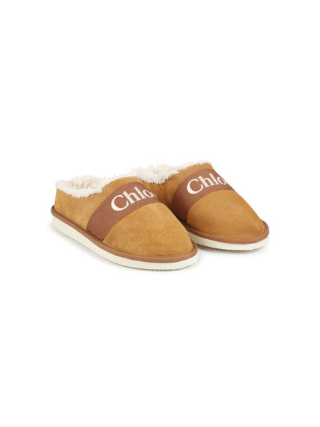  Chloé Kids Logo-print Strap Fleece-texture Slippers - Brown 