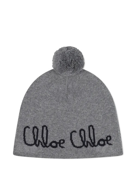  Chloé Kids Pompom-detail Beanie - Grey 