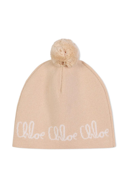 Chloé Kids Pompom-detail Knitted Beanie - Neutrals 