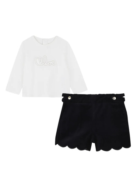  Chloé Kids Scalloped Shorts Set - Blue 