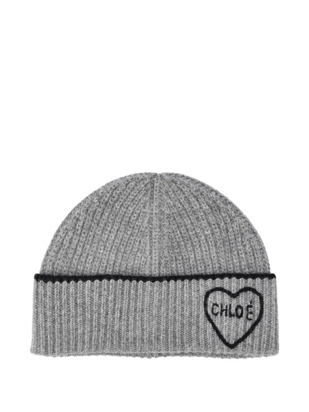  Chloé Ribbed Heart-motif Beanie Hat - Grey 