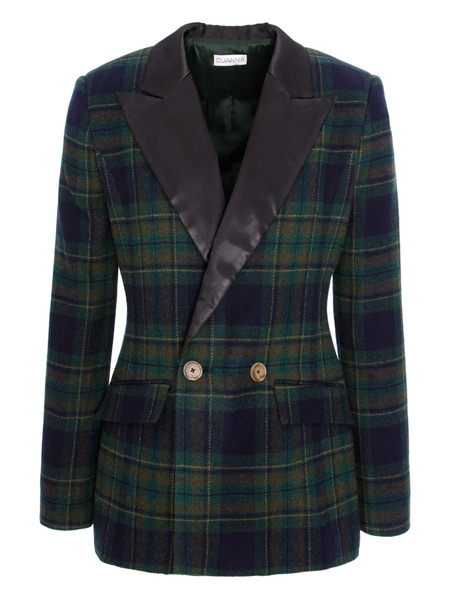  Cuanna Midi Double-breasted Plaid-pattern Blazer - Green 
