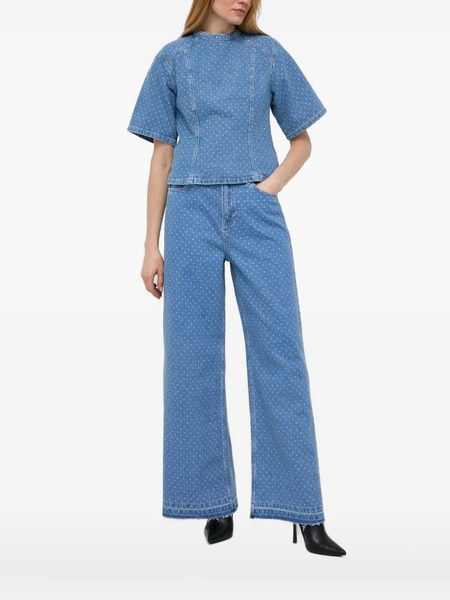  Custommade Polka-dot Panelled Denim Top - Blue 