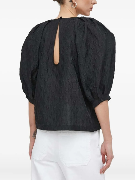  Custommade Rose-embossed Puff-sleeve Top - Black 