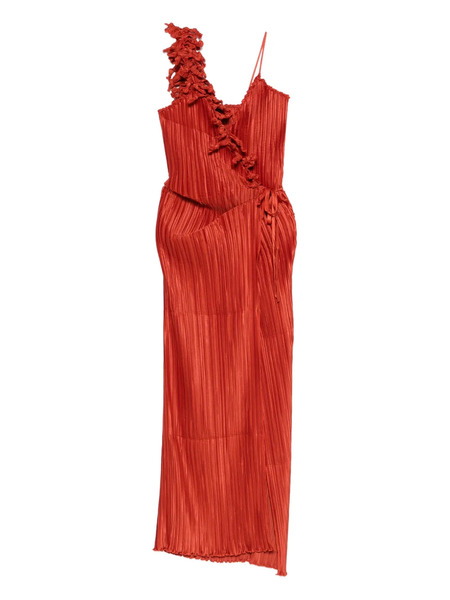  Daphne Valente Cyclon Ruffled Plissé Maxi Dress - Red 