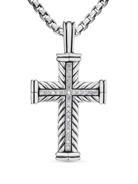  David Yurman Sterling Silver Chevron Cross Diamond Pendant (41.7mm) 