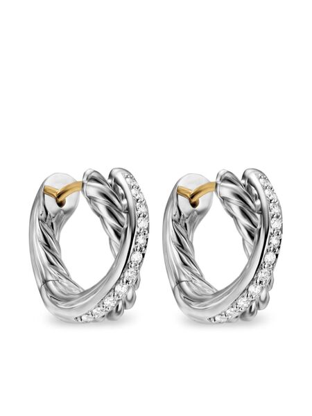  David Yurman Sterling Silver Crossover Diamond Huggie Hoop Earrings (12.4mm) 