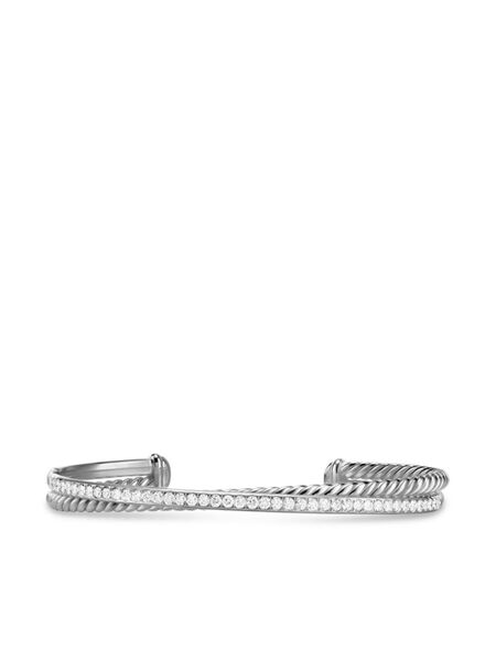  David Yurman Sterling Silver Crossover Two Row Diamond Bracelet (6mm) 