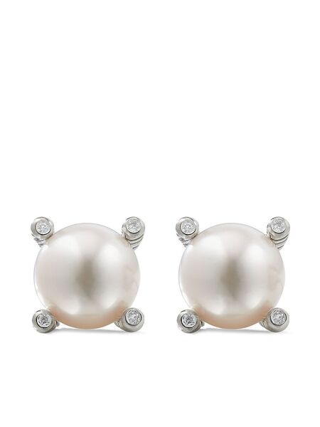  David Yurman Sterling Silver Pearl Diamond Stud Earrings (14mm) 
