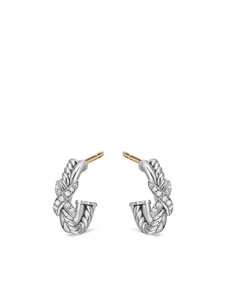  David Yurman Sterling Silver Petite X Diamond Hoop Earrings (12.6mm) 