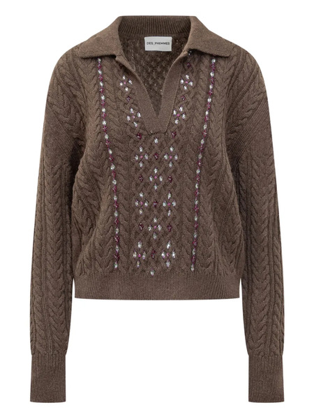  Des Phemmes Cable-knit Embellished Polo-neck Top - Brown 