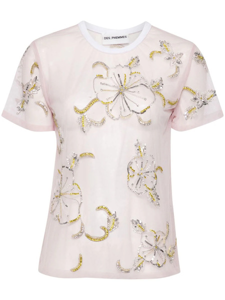 Des Phemmes Hibiscus-embroidered Semi-sheer T-shirt - Pink 