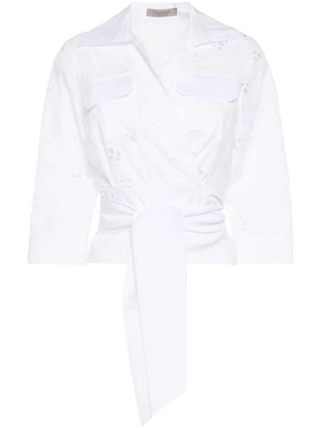  D.exterior Floral-embroidery Wrap Shirt - White 