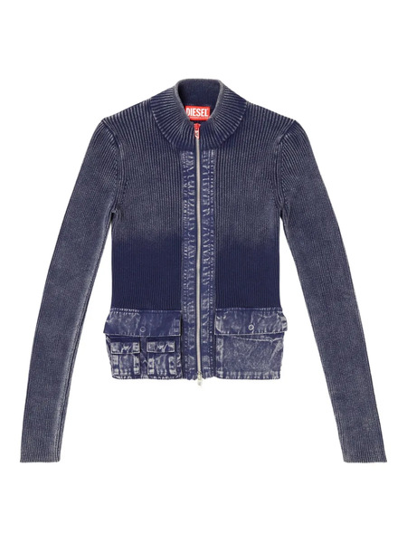  Diesel M-melissa Rib-knit Denim-pockets Cardigan - Blue 
