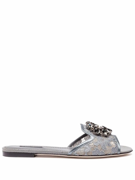  Dolce & Gabbana Bianca Crystal-embellished Lace Slides - Grey 