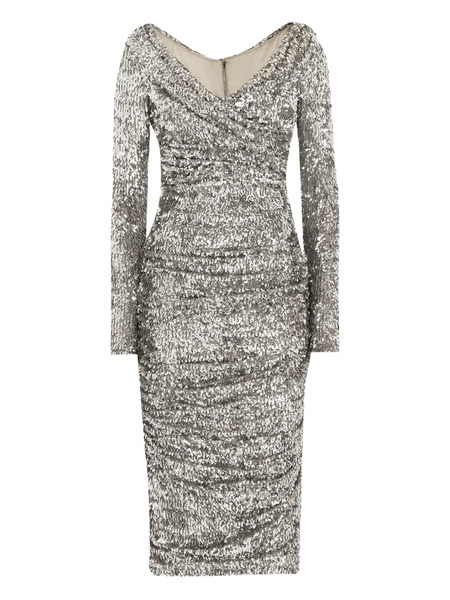  Dolce & Gabbana Draped Sequin Midi Dress - Silver 