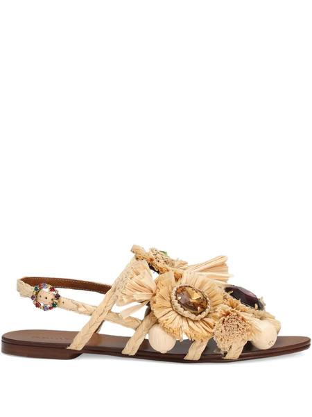  Dolce & Gabbana Embellished Raffia Flat Sandals - Neutrals 