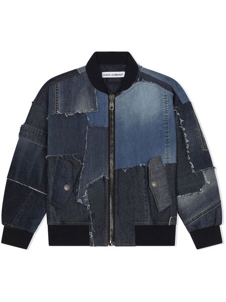 Dolce & Gabbana Kids Denim Patchwork Logo Plaque Bomber Jacket - Blue 