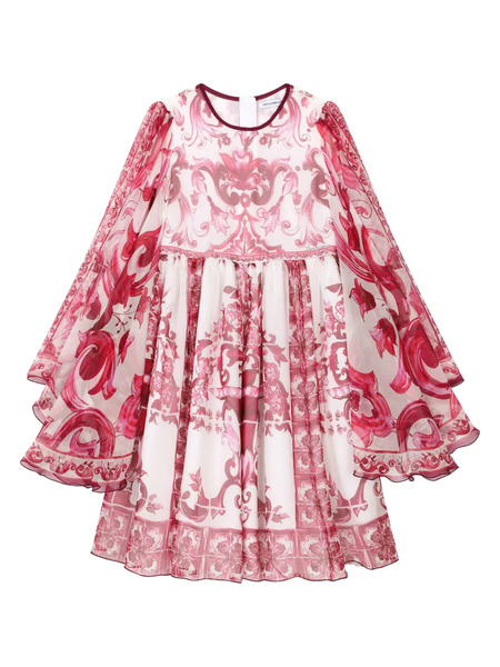  Dolce & Gabbana Kids Majolica Print Draped Chiffon Dress - White 