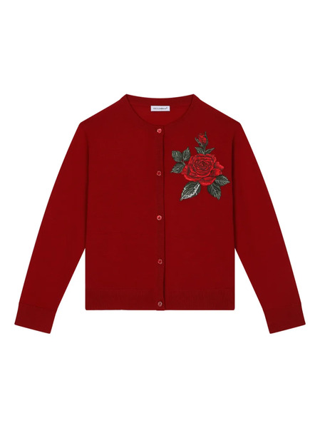 Dolce & Gabbana Kids Rose Patch Crew Neck Cardigan - Red 