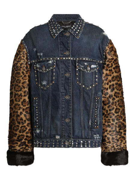  Dolce & Gabbana Leopard-print Studded Denim Jacket - Blue 