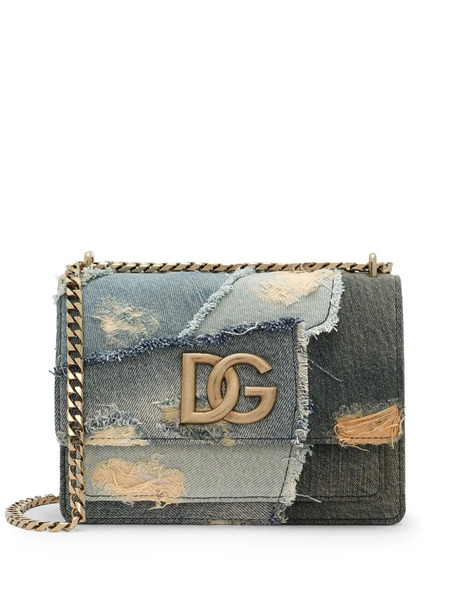  Dolce & Gabbana Logo Plaque Denim Patchwork Cross Body Bag - Blue 