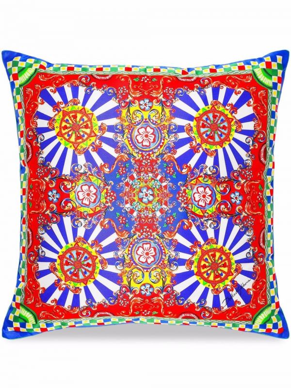  Dolce & Gabbana Medium Carretto-print Silk Cushion - White 