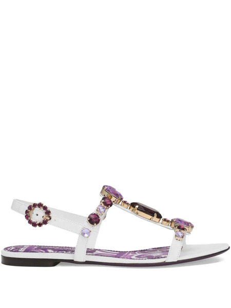  Dolce & Gabbana Rhinestone-embellished Leather Flat Sandals - White 