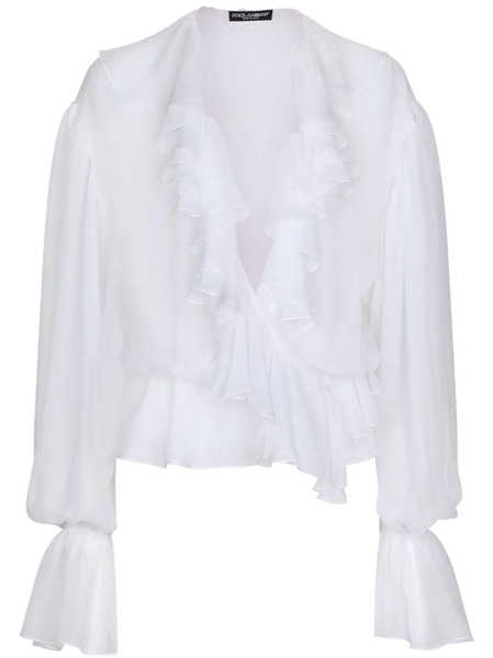  Dolce & Gabbana Ruffled-trim Silk Cropped Blouse - White 