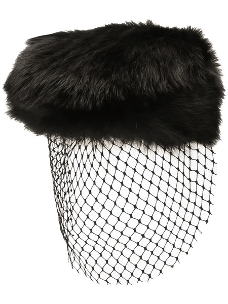  Dolce & Gabbana Shearling Flat Cap With Veil - Black 