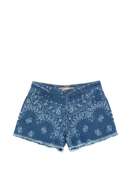  Don't @ Me Paisley-print Frayed-hem Denim Shorts - Blue 