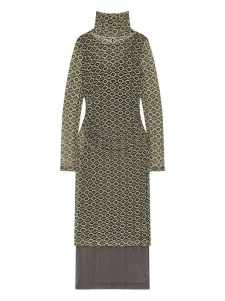  Dries Van Noten Printed Mesh Turtleneck Dress - Green 