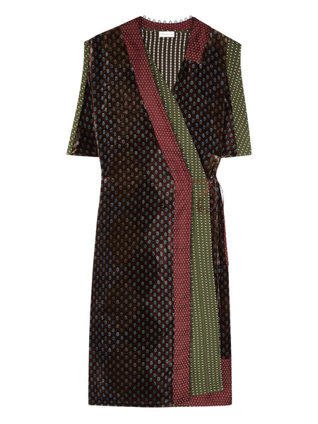  Dries Van Noten Velvet Patterned Wrap Dress - Brown 