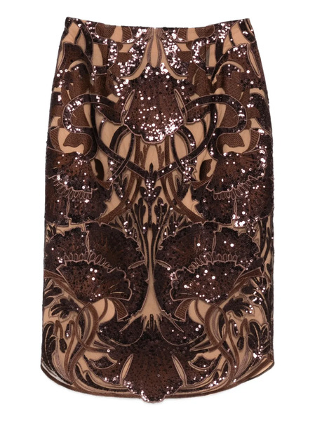  Elie Saab Sequin Floral Midi Skirt - Brown 