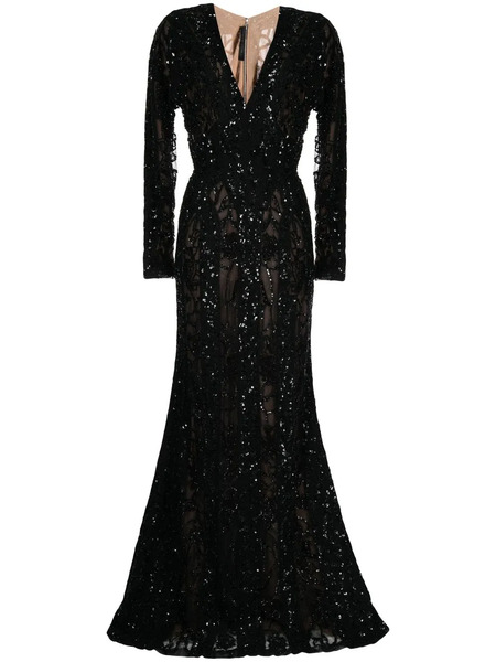  Elie Saab Sequined Long-sleeve Fishtail Gown - Black 