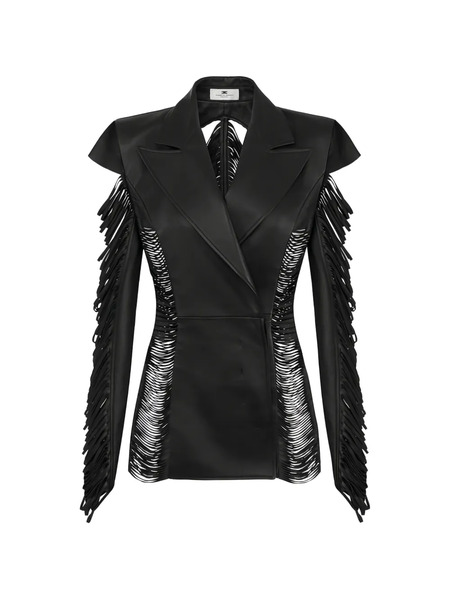  Elisabetta Franchi Double-breasted Fringed Leather Jacket - Black 